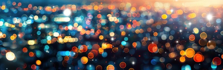 Leinwandbilder - An abstract image featuring blurry, out-of-focus lights from a cityscape at night. The lights are predominantly warm colors, with some blue and teal hues present, and appear to be spread throughout th