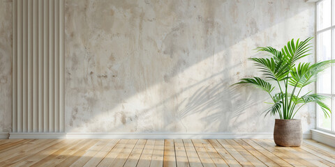 Poster - Empty room with sunlight casting shadows from window with plant in pot on white wall background