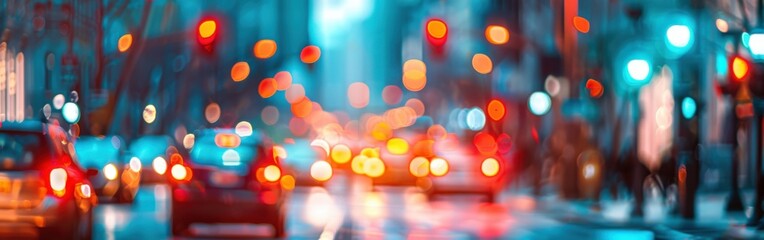 Leinwandbilder - A close-up, out-of-focus shot of a city street at night. The street lights and vehicle headlights are blurred and create a colorful pattern. The image evokes a sense of movement and activity in the ci