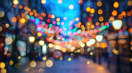 Leinwandbilder - A street at night is illuminated by a dazzling array of colorful bokeh lights. The lights are strung overhead, creating a festive and romantic atmosphere.
