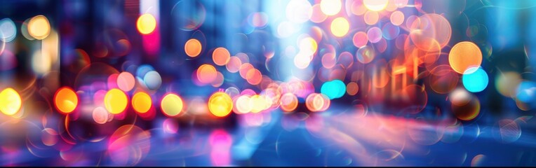 Leinwandbilder - A blurry image of city lights at night, creating a bokeh effect with bright colors like yellow, orange, red, pink, and blue. The background appears dark with a slight blue hue, with the city lights cr