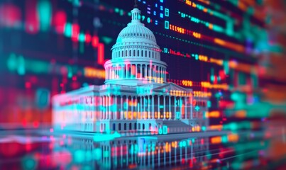 us capitol building with digital data and code in the background, representing technology and government, futuristic concept, modern political landscape.