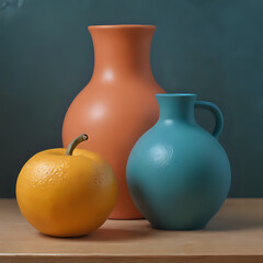 a two vases and an orange on a table