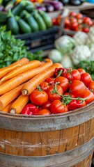 Wall Mural - fresh organic vegetables in wooden barrel at farmers market stall - red tomatoes, orange carrots, green zucchini, healthy eating concept.