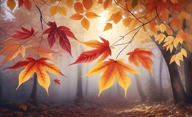 Poster - Autumn scenery. Colorful yellow and red maple foliage in the foggy forest. Autumnal Park. Autumn branches trees and leaves in nature.