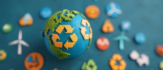 Wall Mural - earth globe with recycle symbol on blue background - sustainable concept for ecology and environment