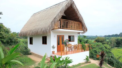 White tropical cottage with thatched roof and balcony surrounded by greenery.