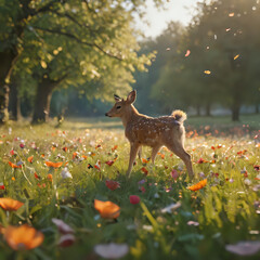 a deer that is standing in the grass with flowers