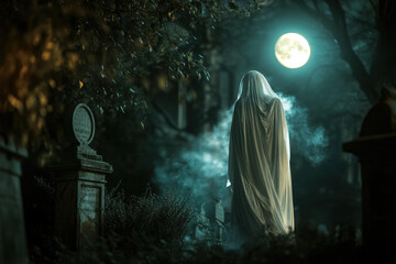 Ghosts stands next to a grave in a cemetery at night under a full moon.