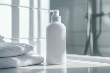 White plastic bottle of cosmetic product on white table in modern bathroom