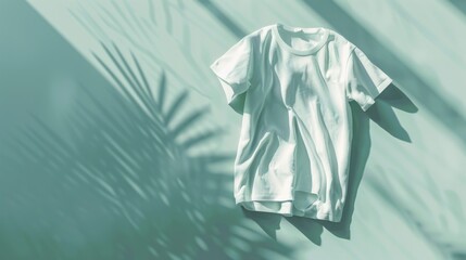 Wall Mural - A white t-shirt hangs on a green wall, great for lifestyle or fashion photography