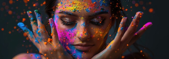 Black background, a beautiful woman with colorful powder on her face and hands, fashion beauty concept, a fashion model posing