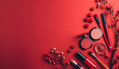 Important makeup kit with text space on a solid red background. isolated on a solid red background. Illustrations design