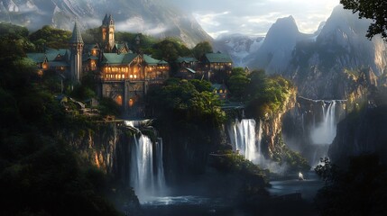 A Majestic Castle Nestled Amidst Lush Green Mountains and Cascading Waterfalls