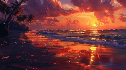 Wall Mural - Sunset Beach with Palm Trees