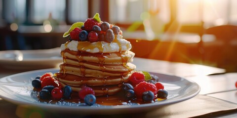 pancake stack topped with mascarpone cream and maple syrup with berries