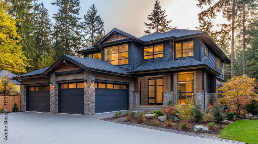 Modern two-story house with a stone facade and a double garage ...