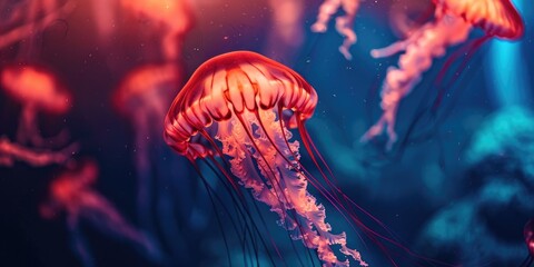 Poster - Jellyfish illuminated by red light in an aquarium