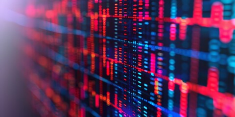 abstract digital data flow - binary code, red and blue lights, technology background.