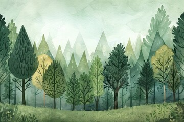 Watercolor forest scene backdrop vegetation landscape outdoors.