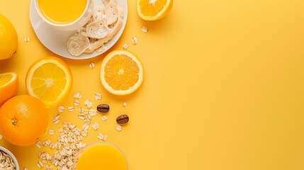 Canvas Print - A flat lay of fresh oranges, a glass of juice, and breakfast items against a vibrant yellow background, evoking a fresh start to the day.