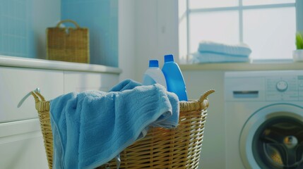 A bright and airy laundry room with a wicker basket of folded blue towels and detergent bottles placed beside a washing machine, bathed in sunlight.