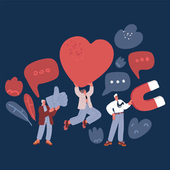 Wall Mural - Cartoon vector illustration of people holds smartphone and press like button. Likes notification icon. Reactions to a social media. Mobile phone with heart and love emoji icon over dark background