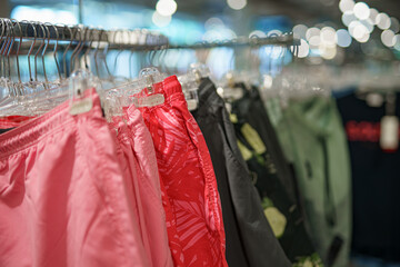 Summer shorts on a hanger for sale in a shopping mall.