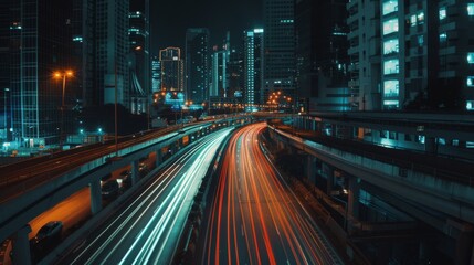 Wall Mural - A bustling city street illuminated by vibrant streaks of car lights at night captures the energetic pulse of modern urban life against a backdrop of towering buildings.