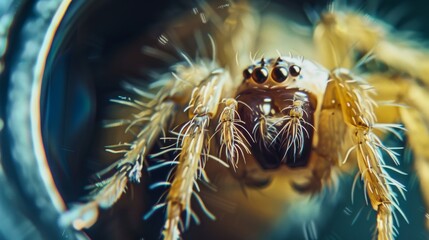 A detailed macro photograph of a spider showcasing its complex eyes and hairy legs with an out-of-focus background.