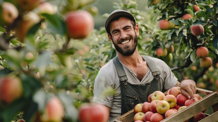 Wall Mural - A man is smiling while holding a crate full of apples