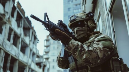 A soldier in full gear aims his rifle in an urban setting, showcasing intense focus and readiness.