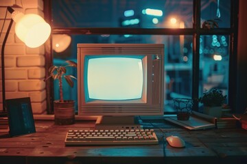 A computer monitor sits on top of a wooden desk, perfect for home or office use
