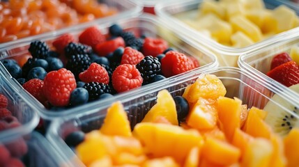 Wall Mural - Close-up of assorted fresh berries and fruits in clear containers, showcasing a vibrant and appetizing display of colorful produce.