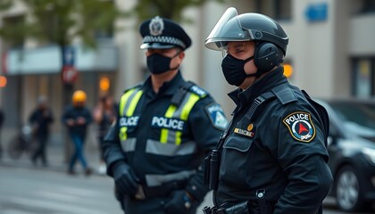 A policeman is standing on duty