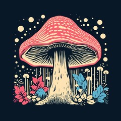 Wall Mural - CMYK Screen printing mushroom fungus agaric plant.