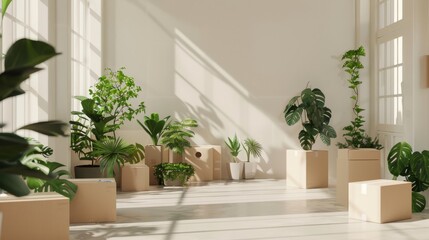 Wall Mural - Sunlight cascades into a minimalist room filled with vibrant green houseplants in simple pots, creating a serene and refreshing indoor garden scene.