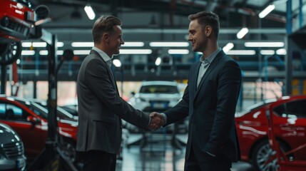 Two salesmen shaking hands in a car showroom with new vehicle models