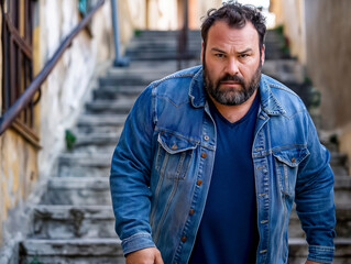 Wall Mural - A man in a blue denim jacket is walking down a set of stairs. He has a beard and a serious expression on his face