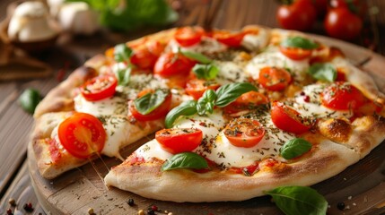 Wall Mural - Enjoying a slice of thin-crust pizza topped with fresh mozzarella, basil, and ripe cherry tomatoes.