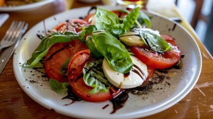 Wall Mural - Enjoying the freshness of a caprese salad, with ripe tomatoes, fresh mozzarella, basil, and balsamic glaze.