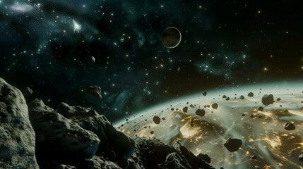 Wall Mural - Embark on a space odyssey with 3D travel, exploring distant planets, asteroid fields, and the vastness of the cosmos, complete with dazzling stars and galaxies.