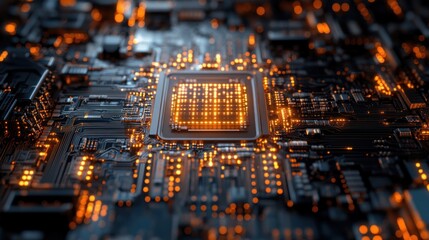 Close-up of a Microchip with Glowing Lights
