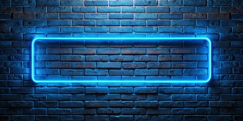 blue neon light on a brick wall at night