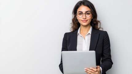 a woman in a suit holding a laptop