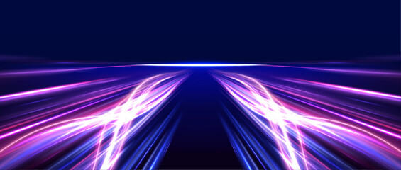 Wall Mural - Light trail wave, fire path trace line, car lights, optic fiber and incandescence curve twirl. Panoramic high speed technology concept, light abstract background. 