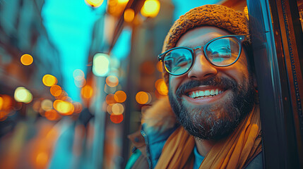 Wall Mural - A man with glasses and a yellow hat is smiling