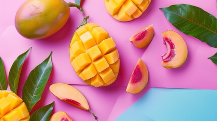 Sticker - Brightly colored mangoes and peaches are artfully arranged with leaves on a pink and blue background, showcasing their vibrant, fresh appeal.