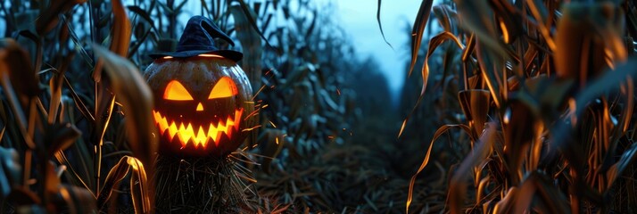 Sticker - Scary Halloween Pumpkin Scarecrow in Spacious Cornfield at Night