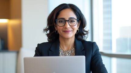 a woman in glasses is sitting at a table with a laptop